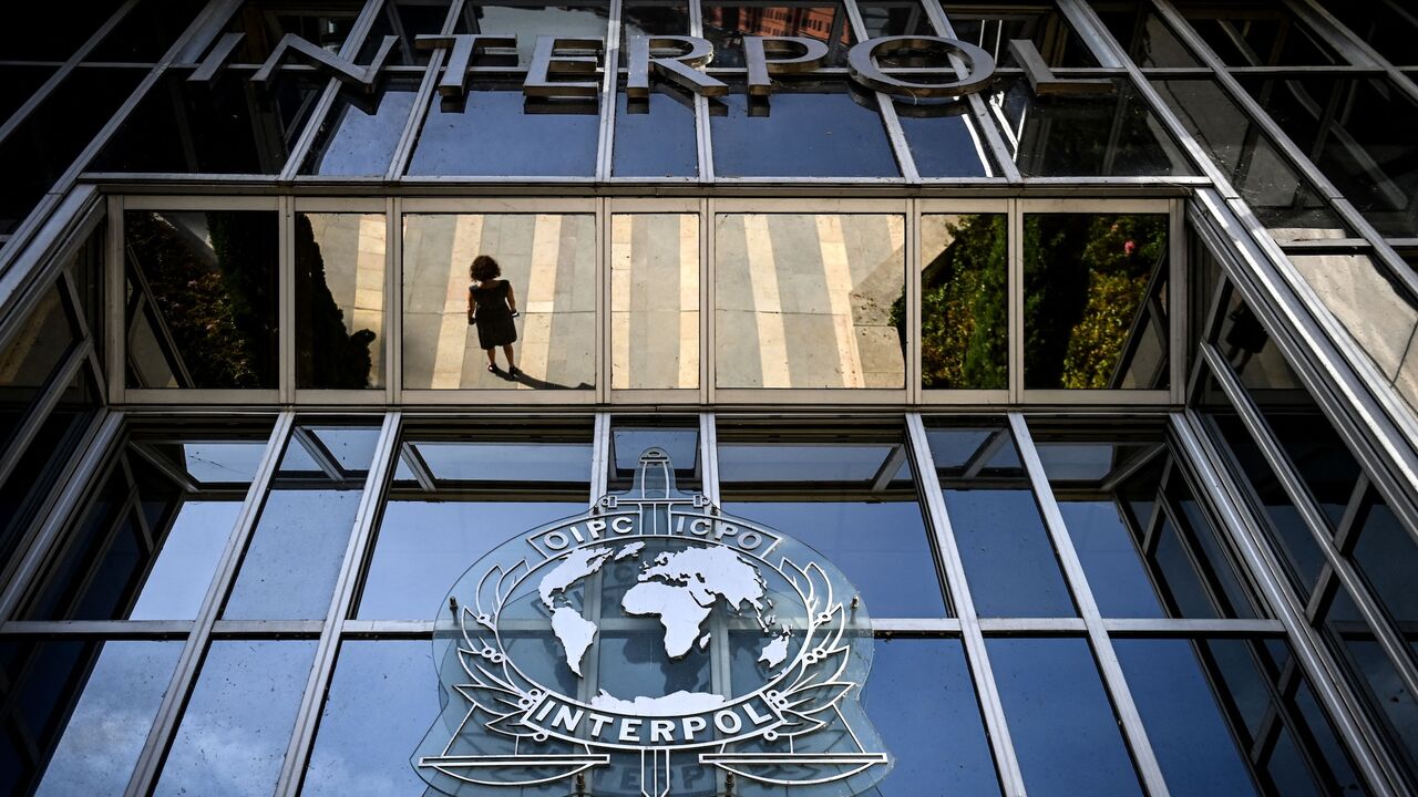 This photograph taken in Lyon, eastern France, on Sept. 5, 2023, shows the entrance of the International Criminal Police Organization headquarters, known as Interpol. 