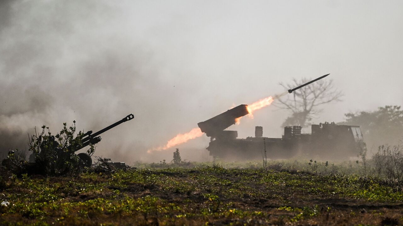 A launch from the RM-70 Vampir Multiple Launch Rocket System during the Super Garuda Shield 2023 joint military exercise including Indonesia, Japan, Singapore and the US, Situbondo, East Java, Sept. 10, 2023. 