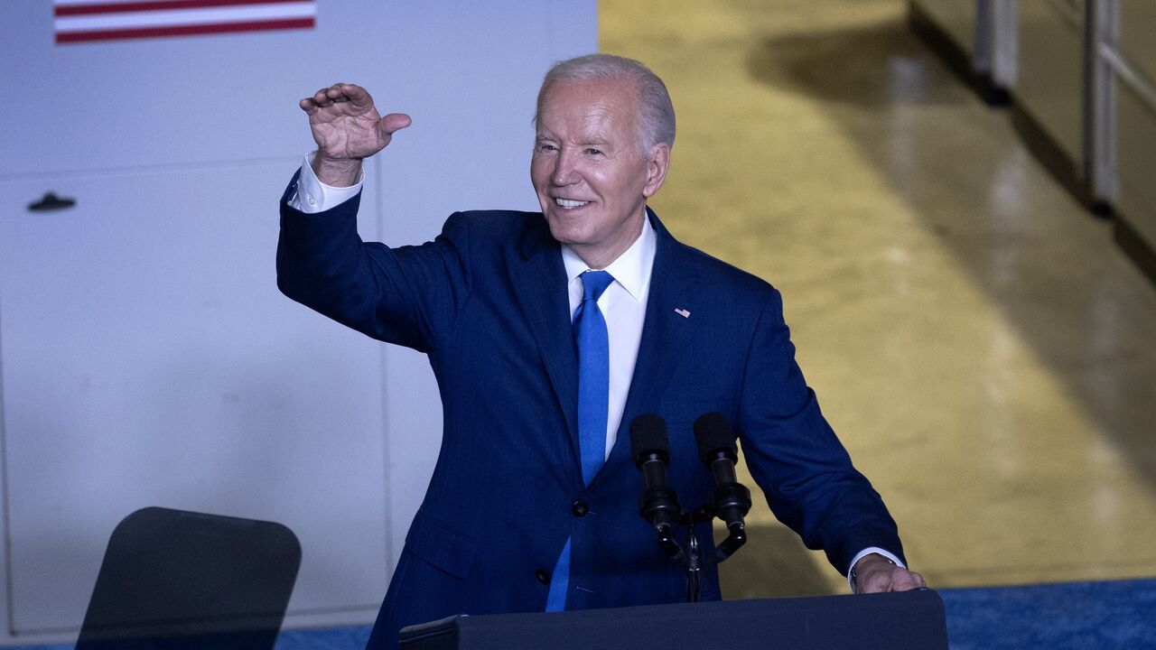 US President Joe Biden speaks to guests during an event at Gateway Technical College’s iMet Center on May 08, 2024, in Sturtevant, Wisconsin.