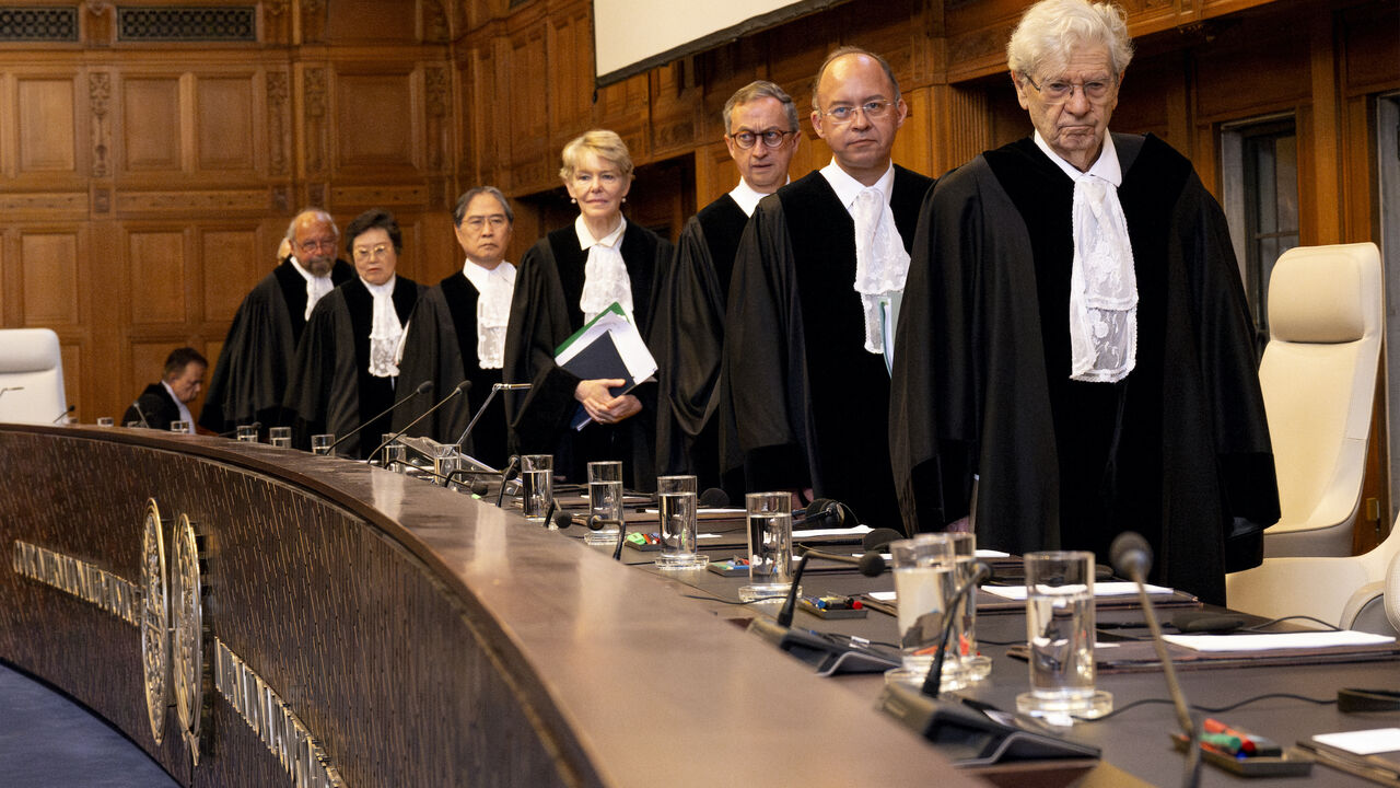 Court's president Joan Donoghue (C) and associate judges arrive to hear South African arguments to the International Court of Justice (ICJ) as part of South Africa case against Israel over Rafah offensive in The Hague, on May 16, 2024. 
