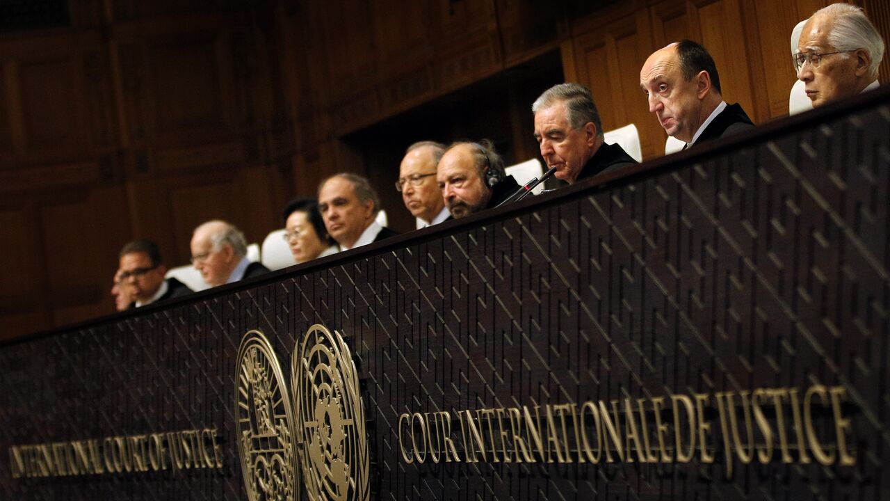 Members of the jury sit in the International Court of Justice in The Hague, The Netherlands, on Jan. 27, 2014. 