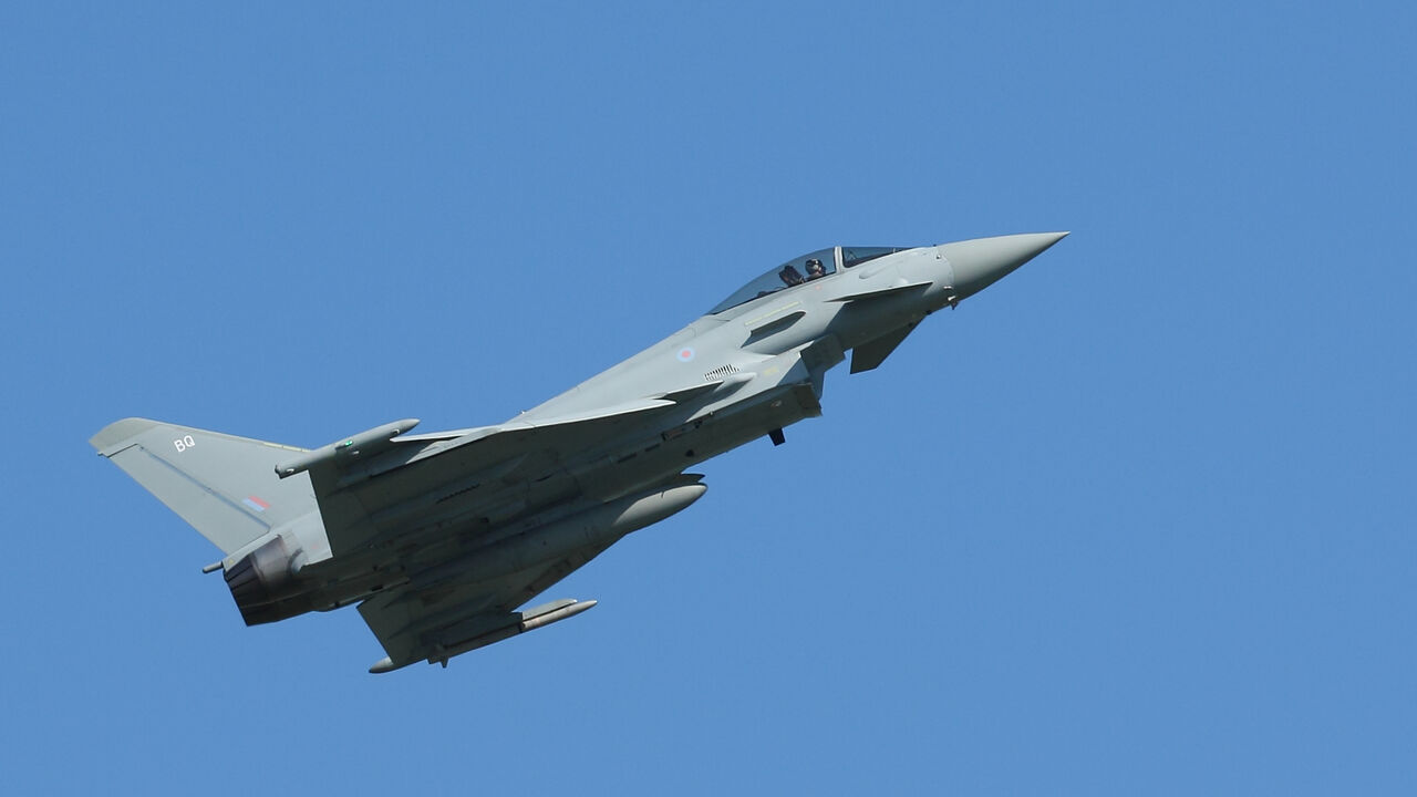 A Eurofighter Typhoon FGR4 belonging to the Royal Air Force shortly after takeoff.