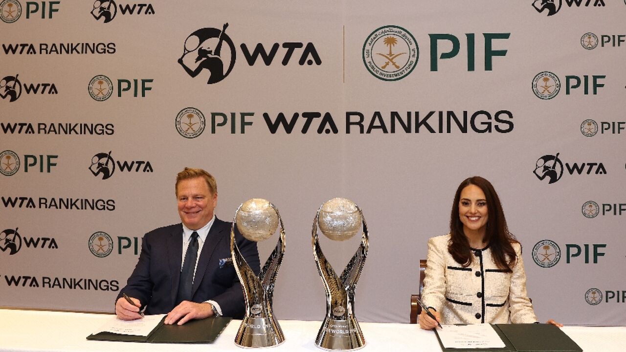 Kevin Foster, Head of Corporate Affairs for the Saudi Public Investment Fund and and Marina Storti, chief executive of WTA Ventures, announce a new multi-year partnership between the women's tennis circuit and PIF