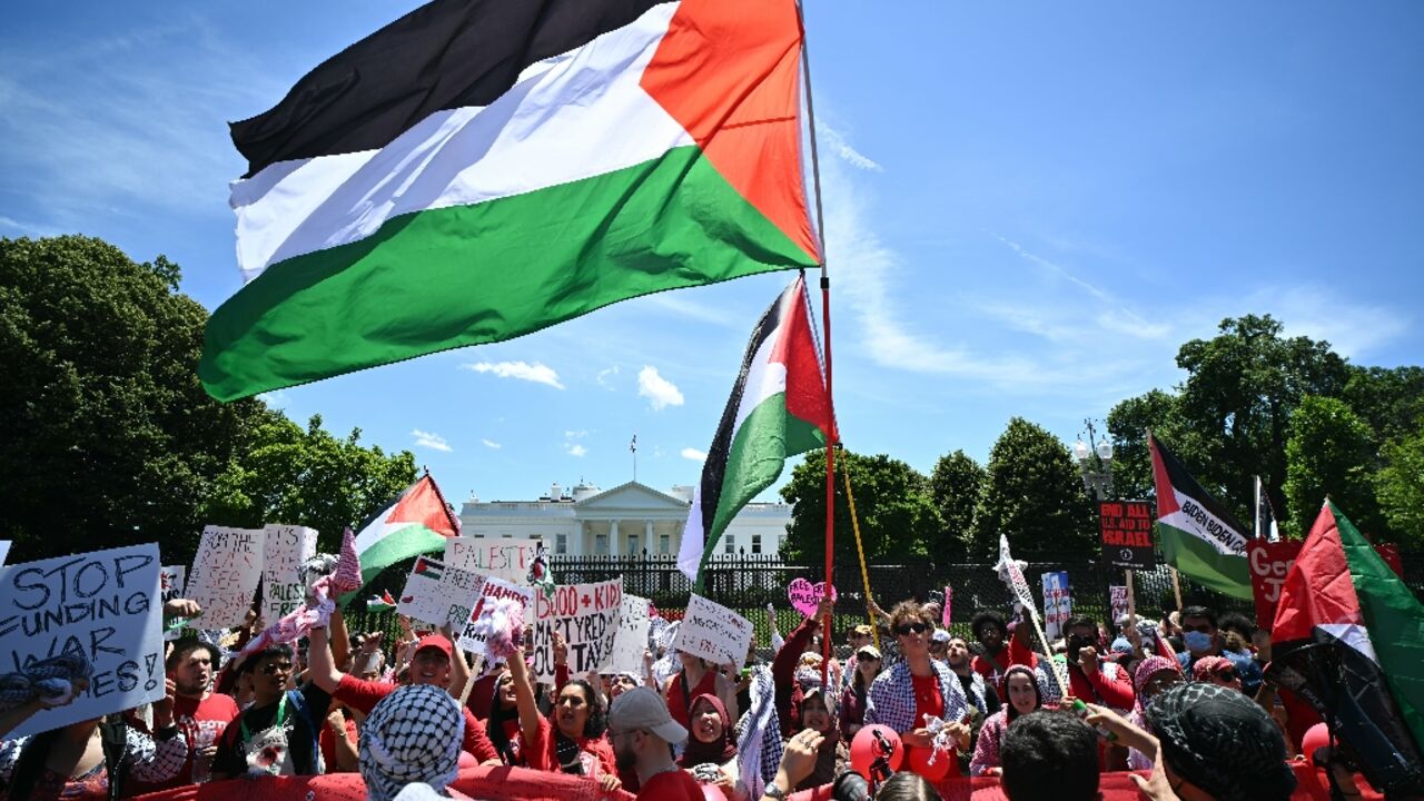 Pro-Palestinian demonstrators rally near the White House in Washington, DC, on June 8, 2024