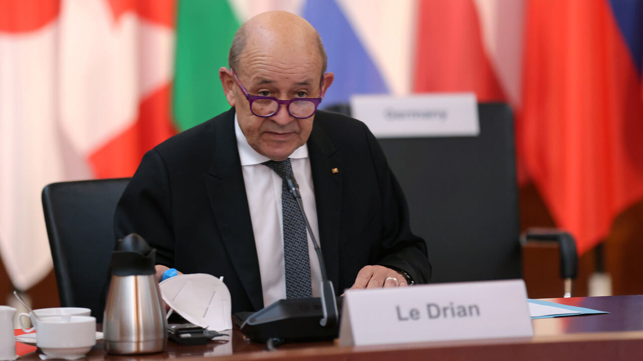 French Foreign Minister Jean-Yves Le Drian attends the Moldova support conference at the Foreign Ministry, Berlin, Germany, April 5, 2022.