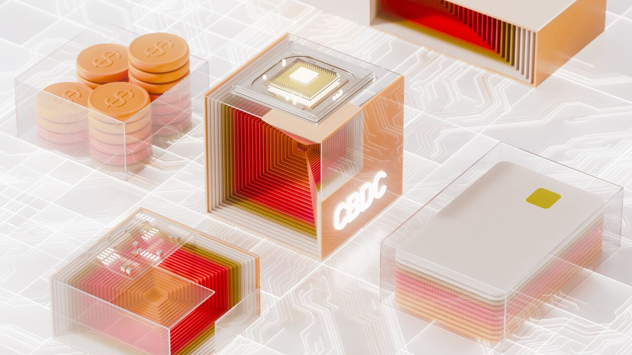 Digital generated image of futuristic cubes connecting computer microchip. Cloud technology, big data or fintech technology. Concept of the new digital currency CBDC.
