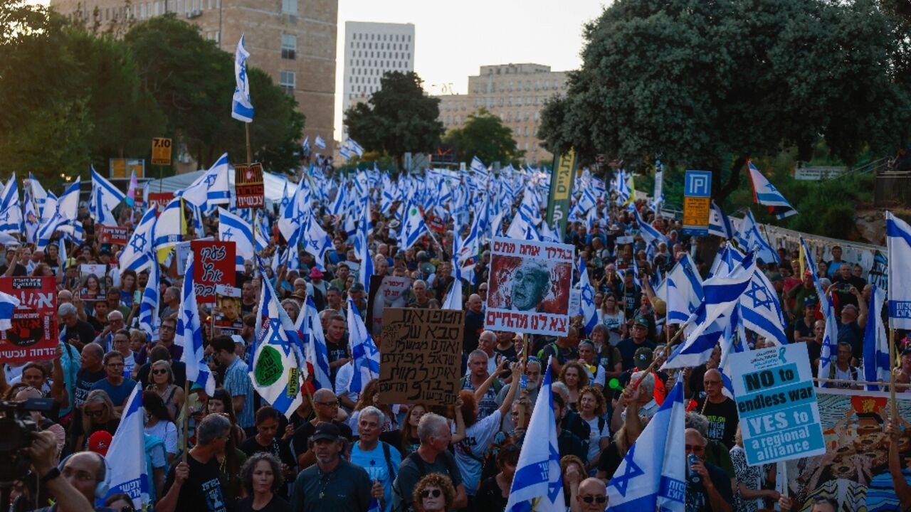 Weekly protests against the Israeli leader's handling of the war against Hamas militants have gathered pace
