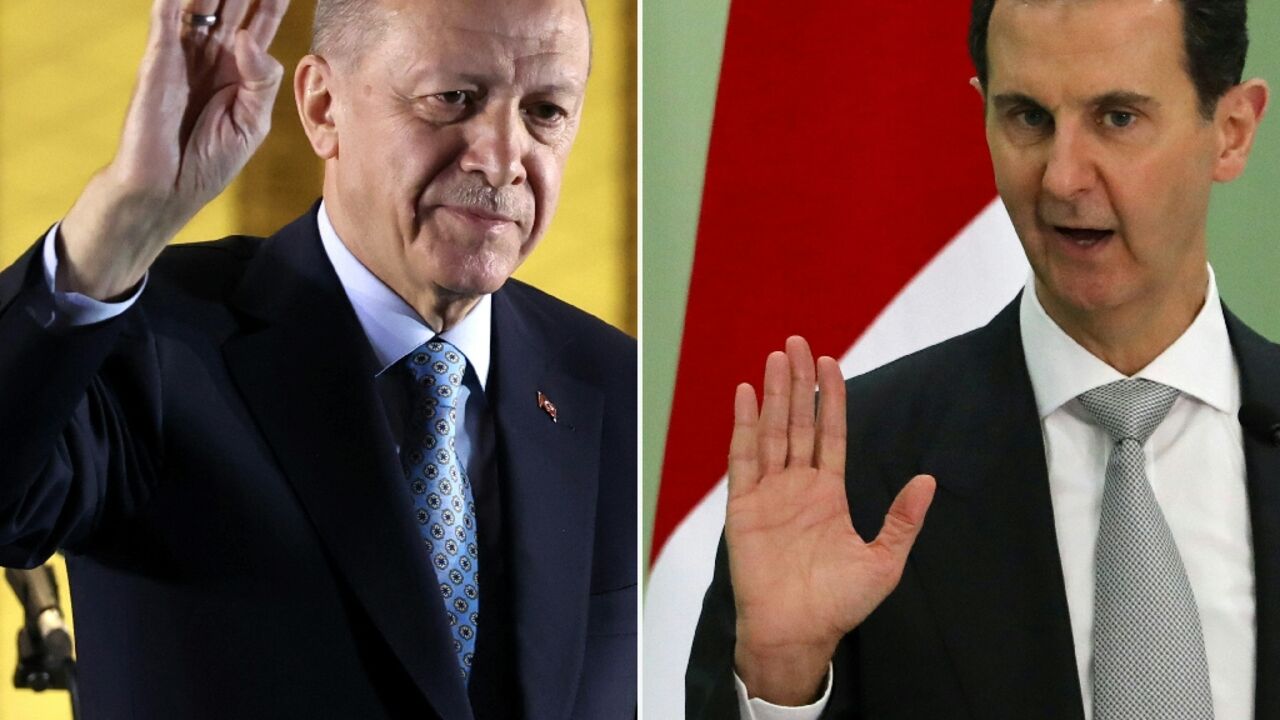 This combination of file pictures created on July 7, 2024 shows Turkey's President Recep Tayyip Erdogan (L) in May 2023 and Syria's President Bashar al-Assad in July 2023. Erdogan has said he might invite Assad for a meeting to ease strained ties