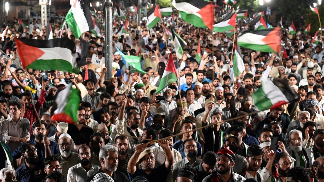 Supporters of Pakistan's Jamaat-e-Islami party gather in support of slain Hamas political leader Ismail Haniyeh in Rawalpindi on July 31, 2024
