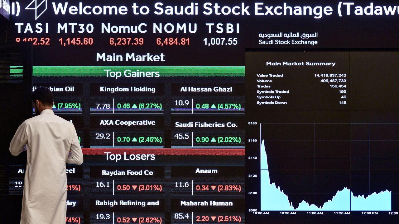 This picture taken December 12, 2019 shows a man monitoring the board at the Stock Exchange Market (Tadawul) bourse in Riyadh. - Energy giant Saudi Aramco's market value soared above $2 trillion as its share price surged again on its second day of trading. The valuation milestone was sought by Saudi Crown Prince Mohammed bin Salman when he first floated the idea of selling up to five percent of Aramco, the world's largest oil firm, about four years ago. Aramco shares jumped another 9.7 percent to 38.60 riya