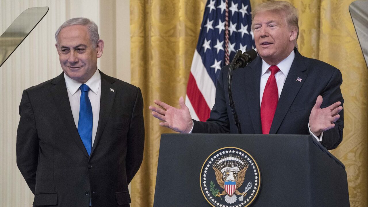 Then-President Donald Trump and Israeli Prime Minister Benjamin Netanyahu participate in a joint statement in the East Room of the White House on January 28, 2020 in Washington, DC. 