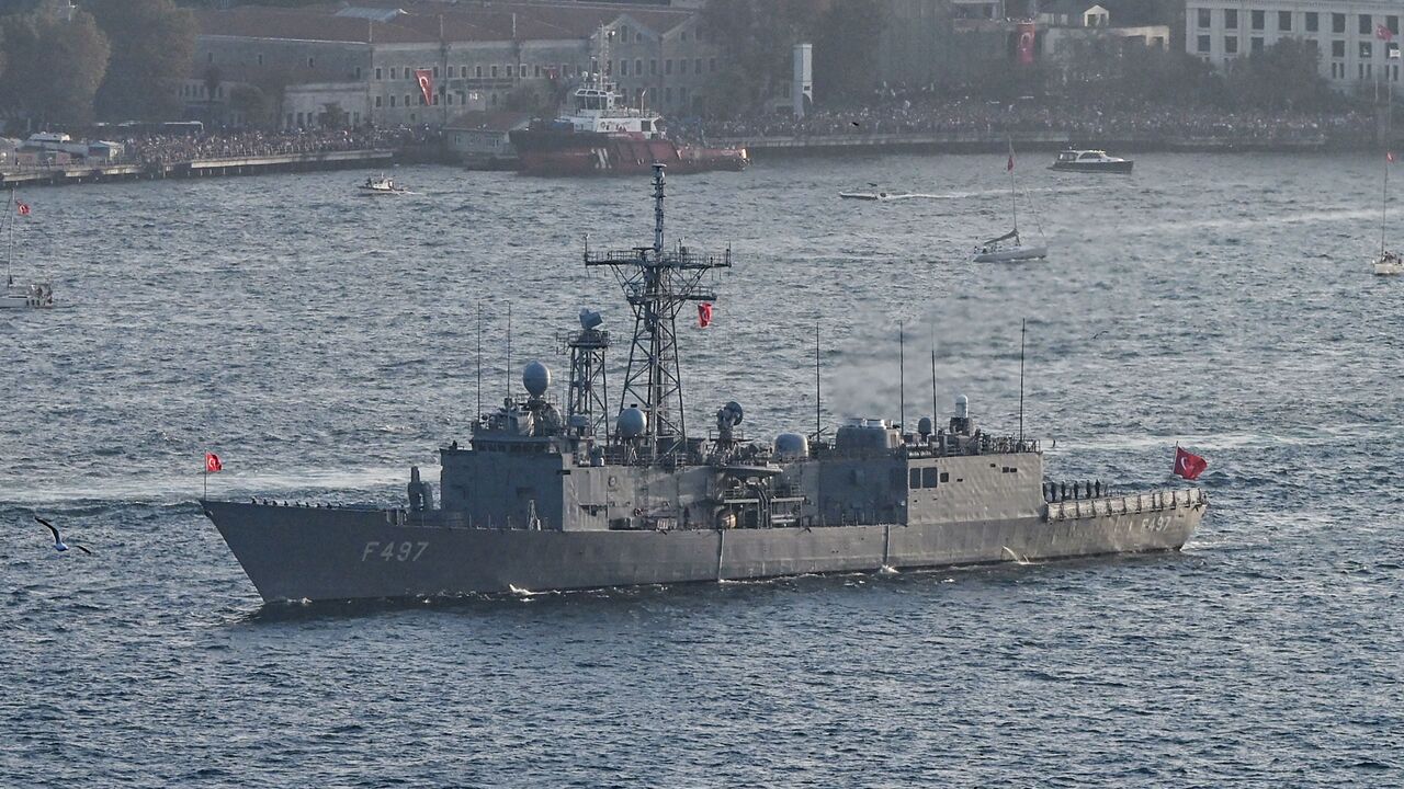 This picture taken on October 29, 2023, in Istanbul shows Turkish naval forces warship Frigates TCG F 497, Goksu sails during a military naval parade on Bosphorus to mark 100th anniversary celebrations of Turkish republic. 