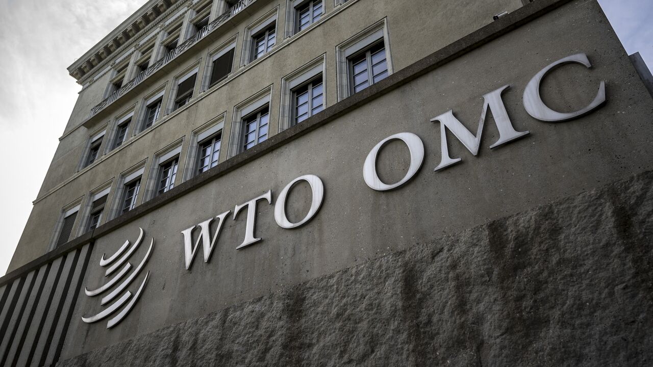 A picture taken in Geneva on Feb. 5, 2024, shows the logo of the intergovernmental World Trade Organization (WTO) at its headquarters.