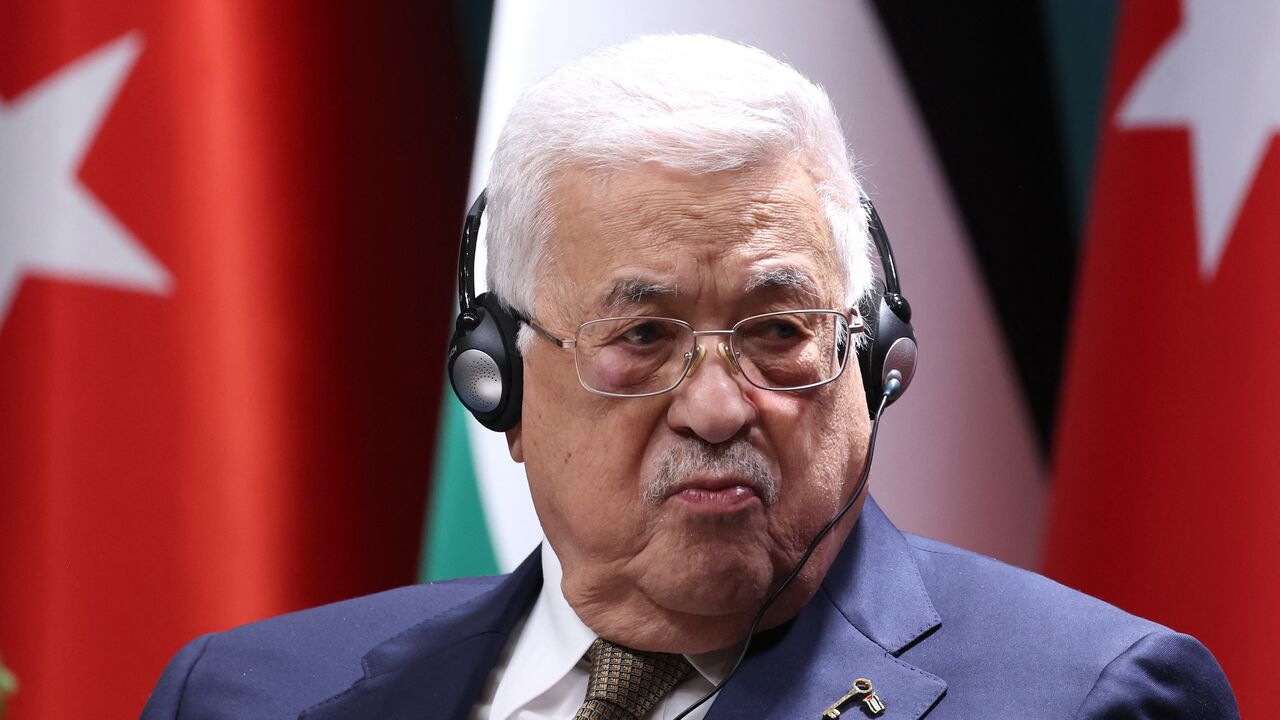 Palestinian leader Mahmoud Abbas listens as Turkish President Recep Tayyip Erdogan (not pictured) speaks during a meeting in Ankara, on March 5, 2024. 