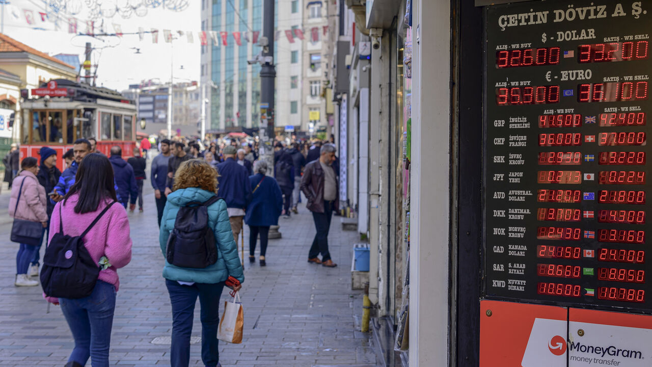 Foreign exchange rates are displayed against the Turkish lira on Istiklal Avenue, Istanbul, Turkey, March 21, 2024.