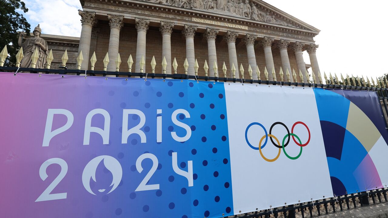 This photograph shows Paris 2024 Olympics Games banner in front of the National Assembly, in Paris, on July 18, 2024.