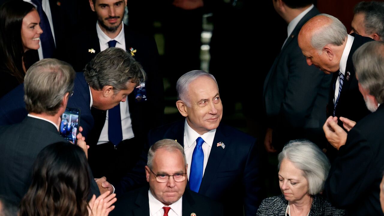 Israeli Prime Minister Benjamin Netanyahu arrives to address a joint gathering of Congress in the chamber of the House of Representatives at the US Capitol, Washington, DC, July 24, 2024. 