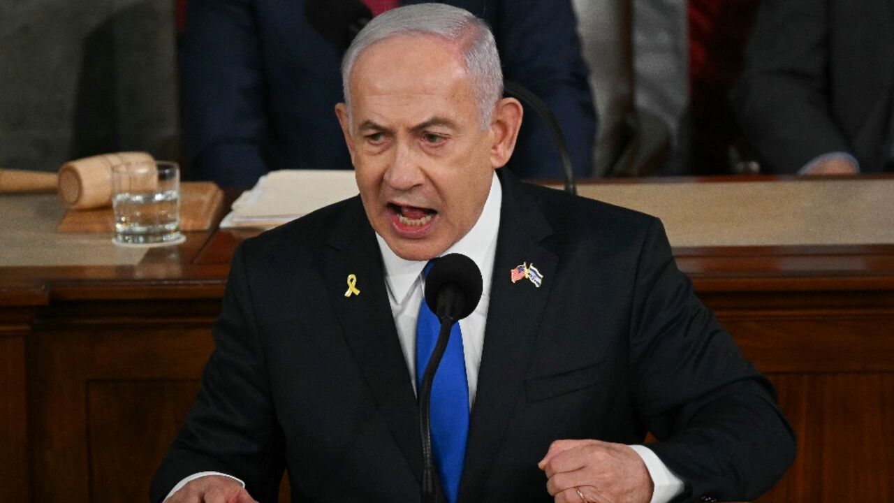 Israeli Prime Minister Benjamin Netanyahu addresses a joint meeting of Congress at the US Capitol on July 24, 2024