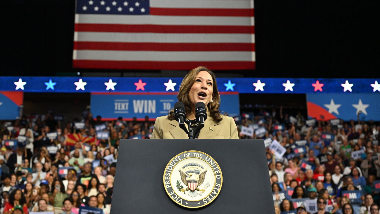 US Vice President and Democratic presidential candidate Kamala Harris speaks during a campaign event at Desert Diamond Arena in Glendale, Arizona, on Aug. 9, 2024. 