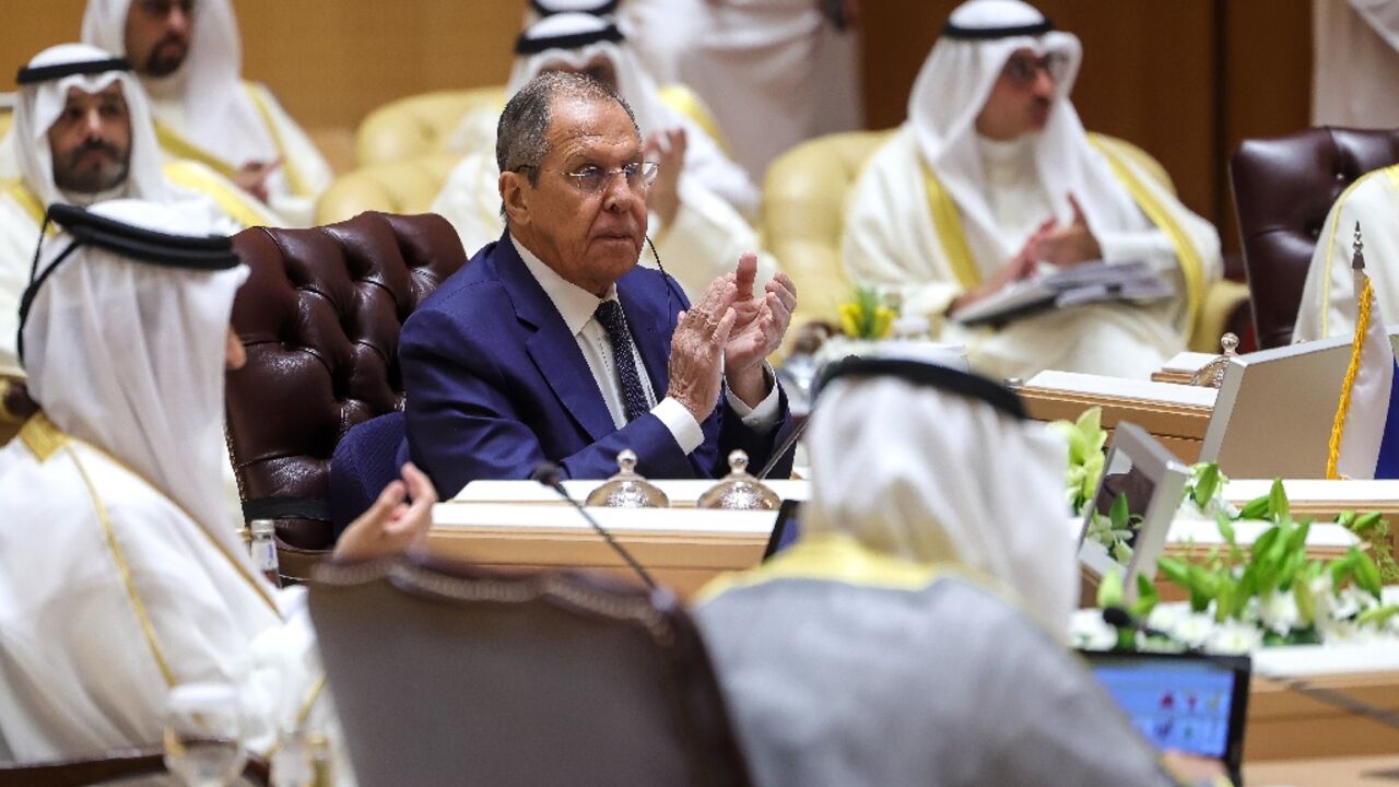 Russian Foreign Minister Sergei Lavrov (C) attends the GCC-Russia Joint Ministrial Meeting for Strategic Dialogue, at the Gulf Cooperation Council (GCC) Secretariat in Riyadh