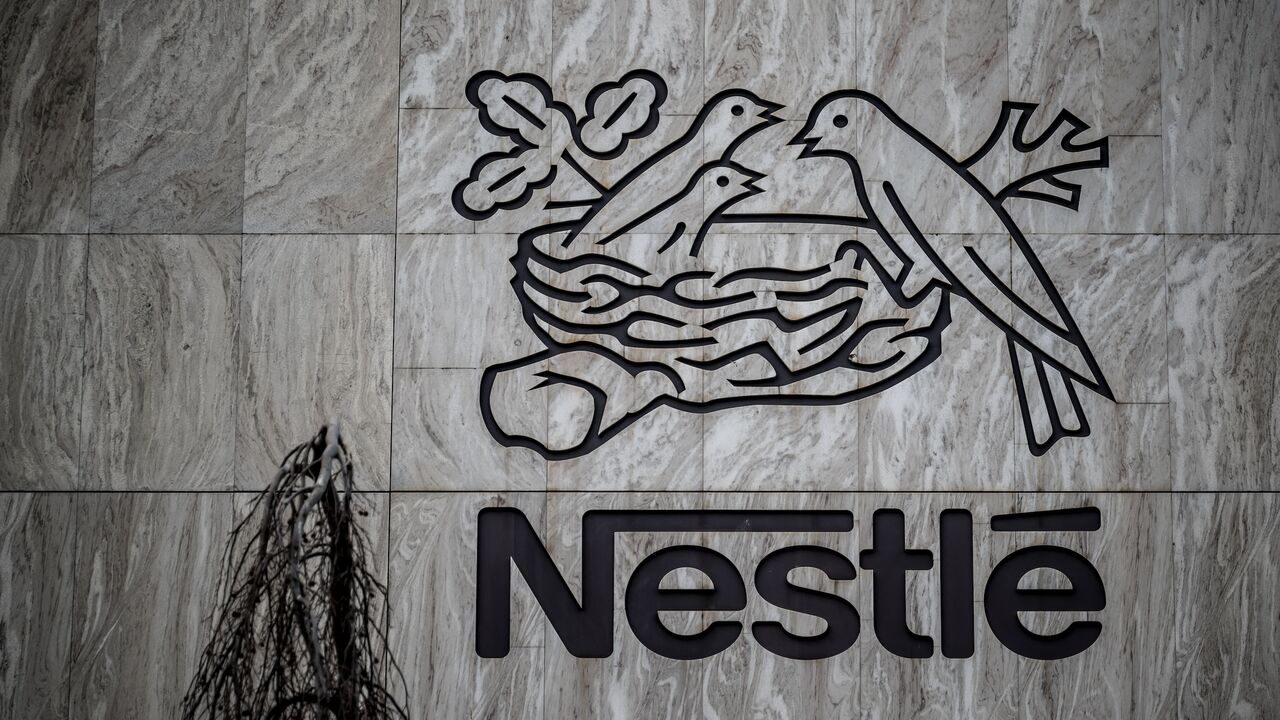 A picture taken on Feb. 21, 2024, shows the logo of Swiss food giant Nestle on the company's headquarters in Vevey, in western Switzerland. 