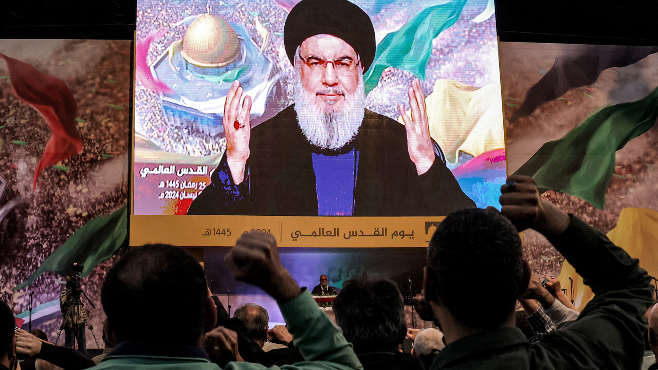 Hezbollah Secretary General Hassan Nasrallah delivers a televised speech during a gathering to mark annual Quds (Jerusalem) Day commemorations in Beirut's southern suburb on April 5, 2024. (Photo by Anwar AMRO / AFP) (Photo by ANWAR AMRO/AFP via Getty Images)