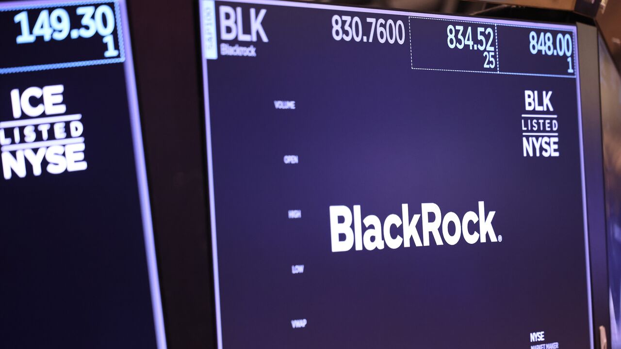 The BlackRock company logo is displayed on a screen at the New York Stock Exchange during morning trading on Aug. 6, 2024, in New York City.