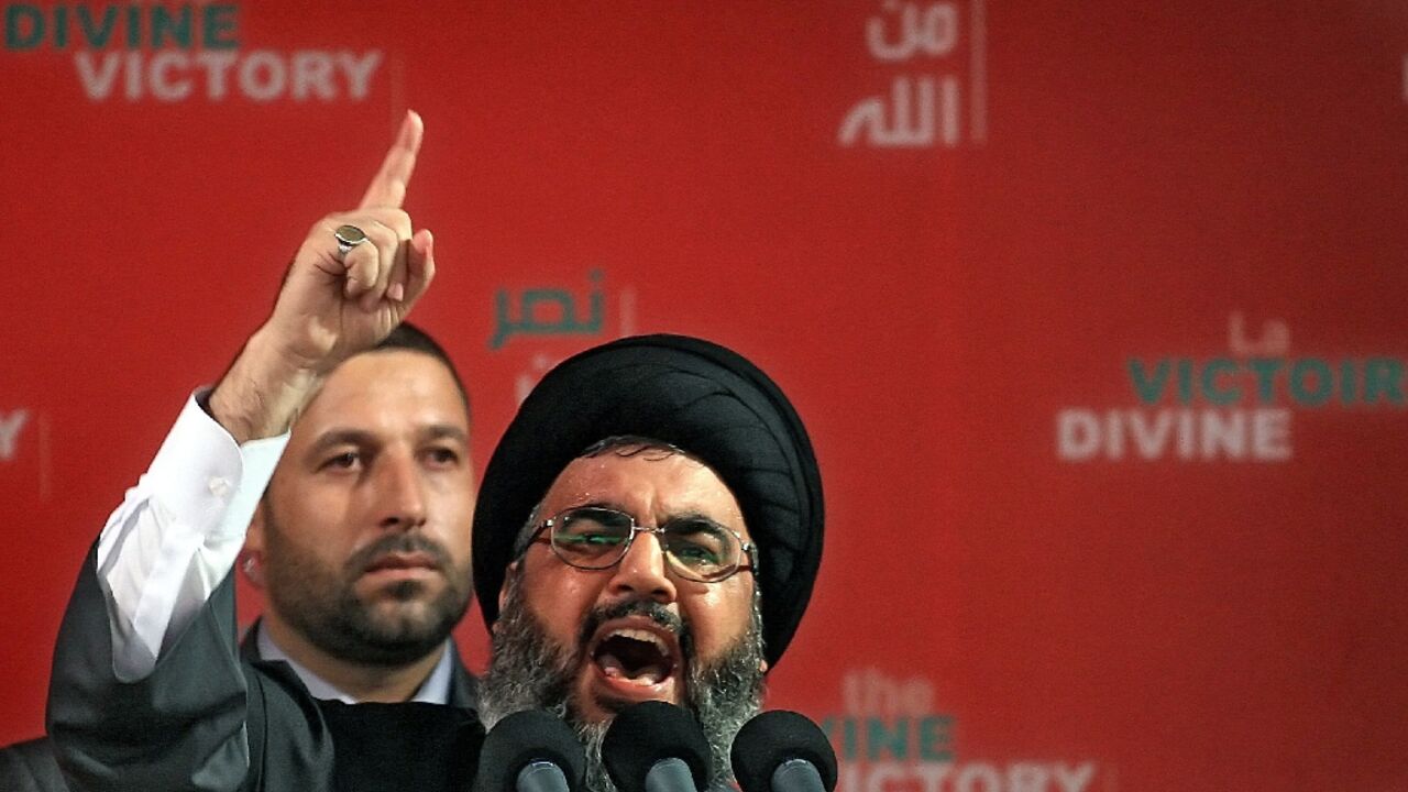 Hezbollah chief Hassan Nasrallah addresses a rally in the southern suburbs of Beirut on September 22, 2006