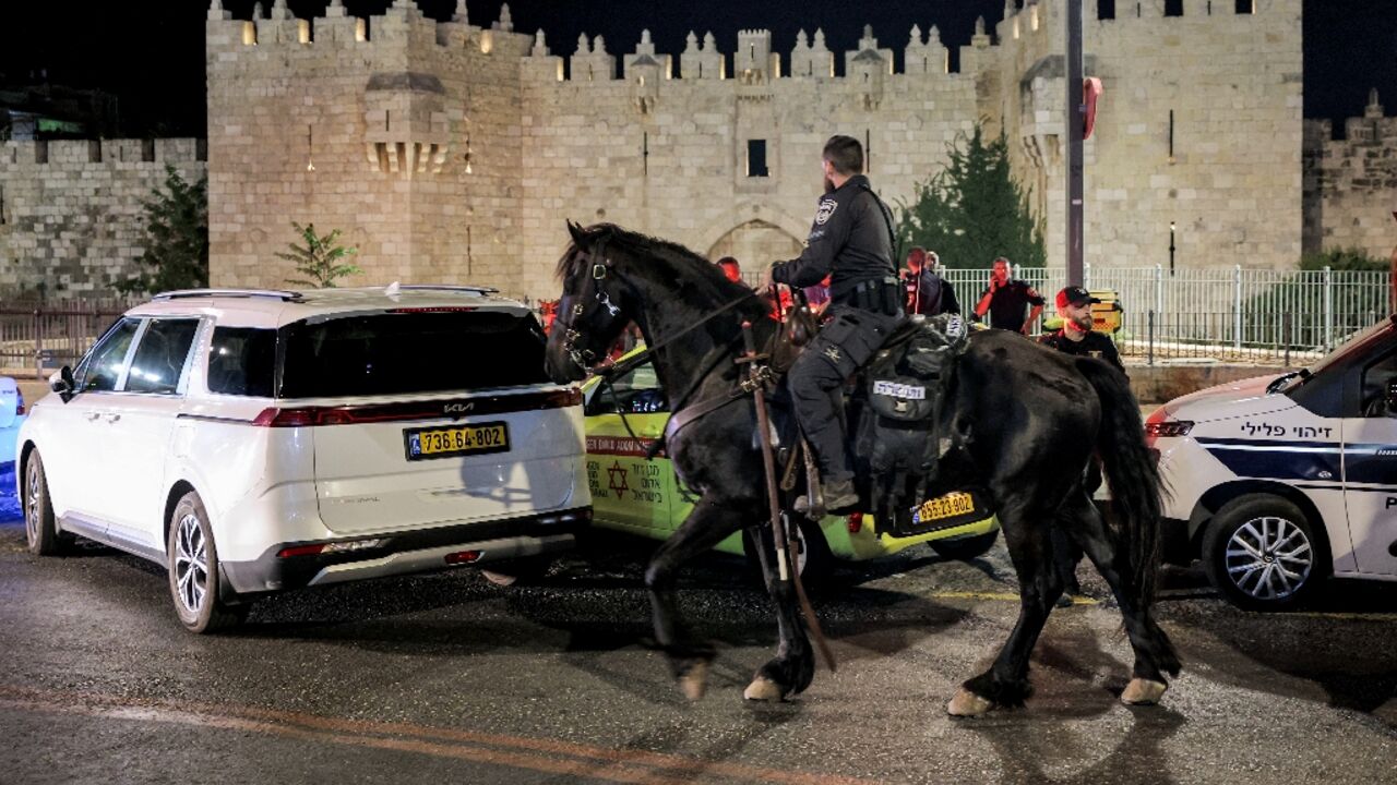 Israeli mounted police deploy near the scene of an attempted stabbing attack at the Damascus Gate of the Old City of Jerusalem