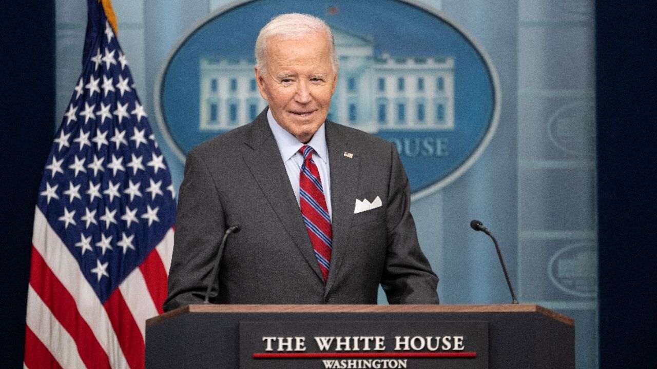 US President Joe Biden speaks during the daily press briefing at the White House in Washington, DC, on October 4, 2024.