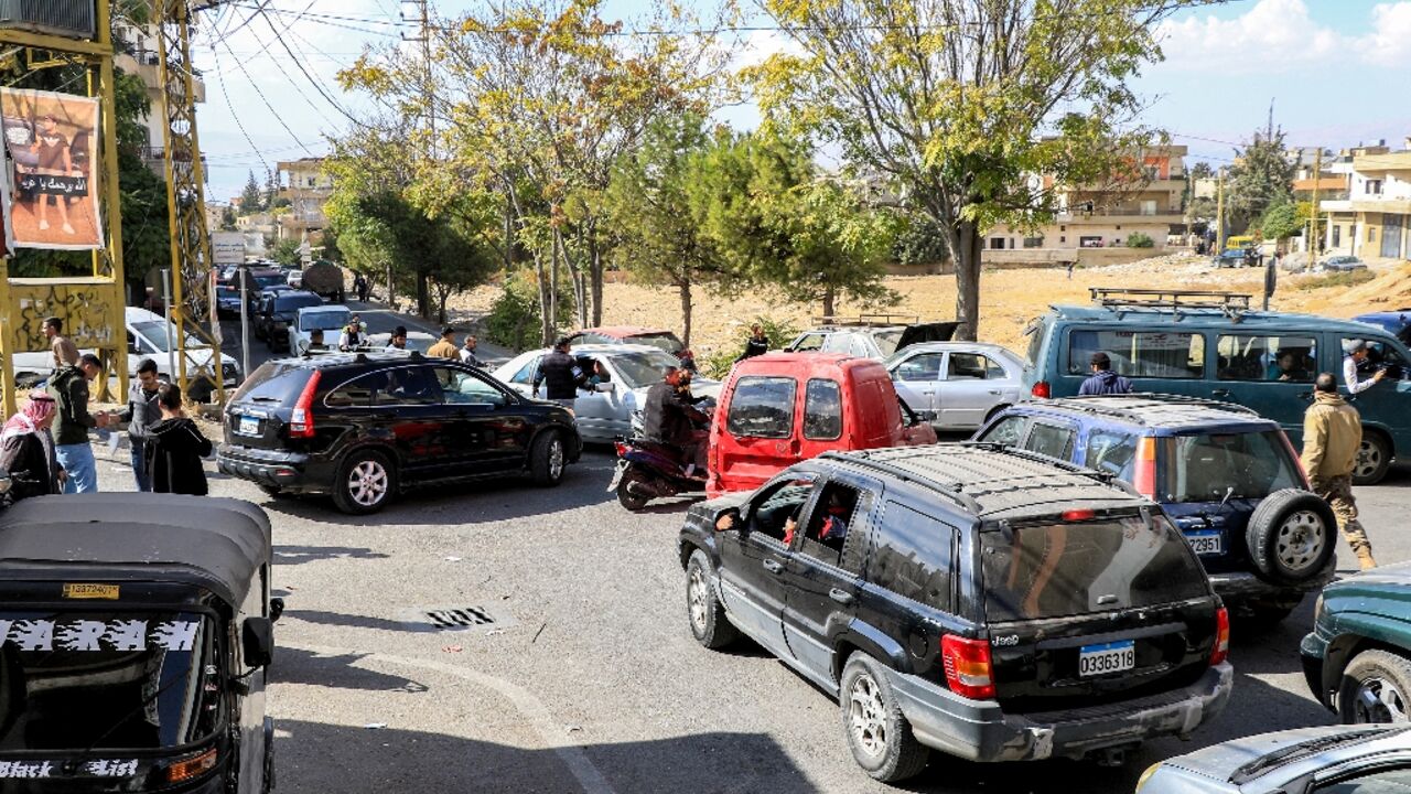 Traffic snarls the roads out of Baalbek as residents flee Lebanon's main eastern city following an Israeli evacuation warning