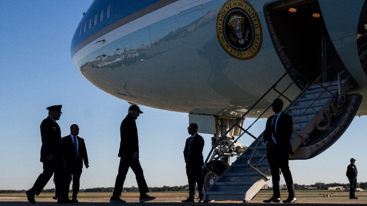 US President Joe Biden boards Air Force One at Joint Base Andrews, Maryland on October 17, 2024