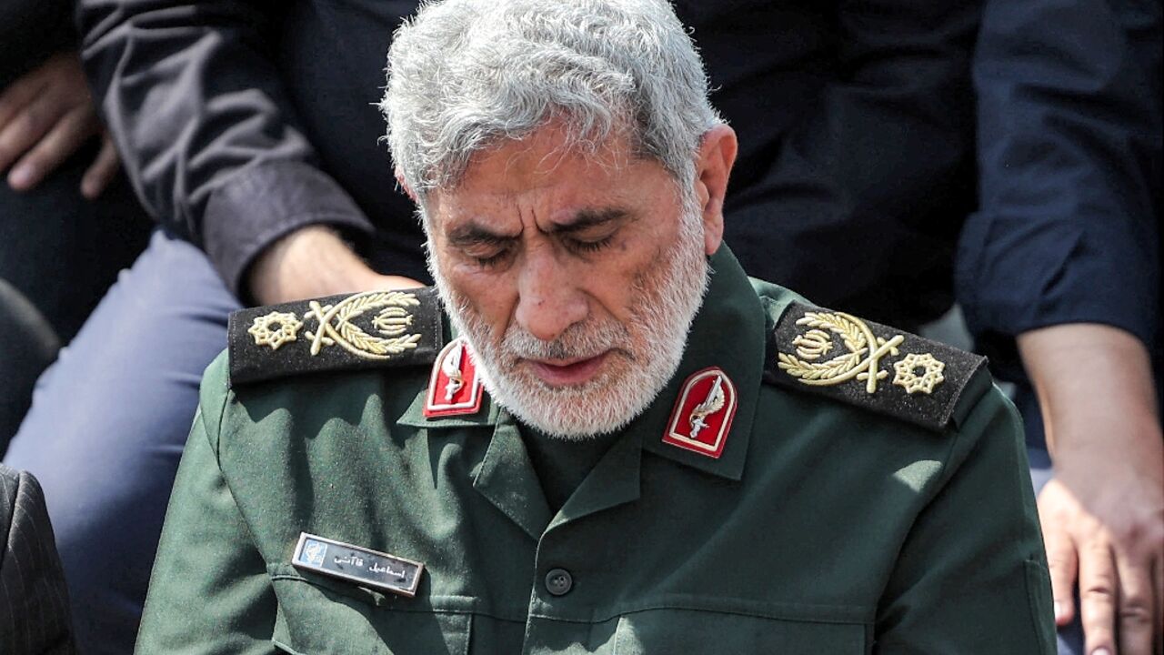 Iran's Revolutionary Guards commander Esmail Qaani attends the funeral ceremony for slain general Abbas Nilforoushan