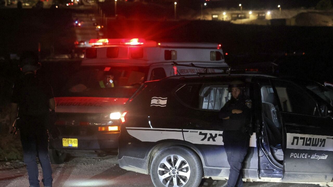 An ambulance near the northern Israeli town of Binyamina, where rescuers said dozens were wounded after Hezbollah claimed a drone strike