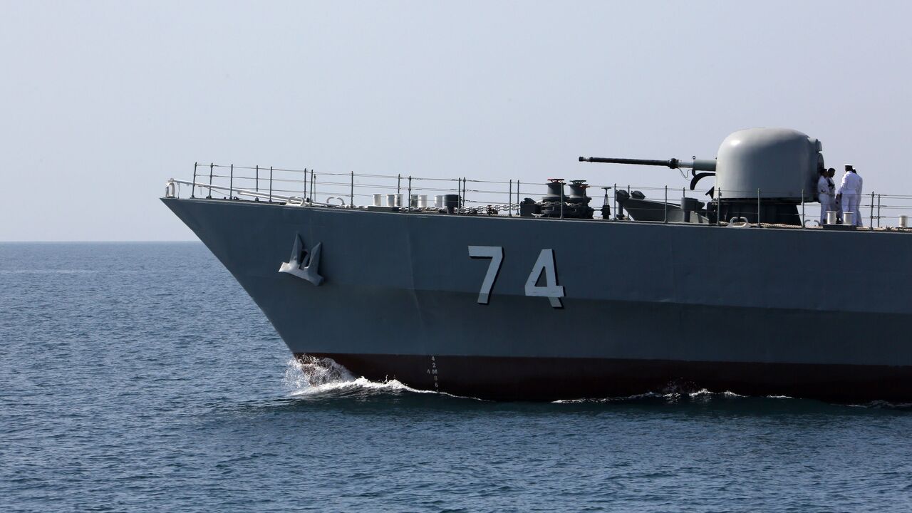 An Iranian Navy warship takes part in the "National Persian Gulf day" in the Strait of Hormuz, on April 30, 2019.