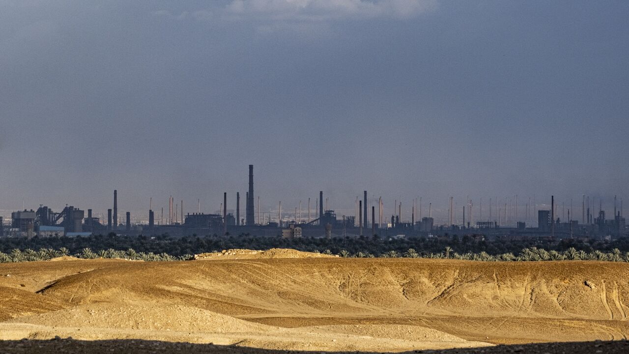 This picture taken on Feb. 6, 2023, shows a view of the Tibbin dual fuel (natural gas and fuel oil) powerplant and Helwan Steelworks, in the Helwan suburb south of Egypt's capital, Cairo.