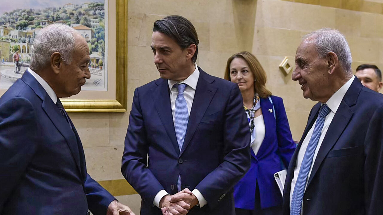 US Envoy Amos Hochstein (C) speaks with Arab League Secretary-General Ahmed Aboul Gheit (L) and Lebanon's Parliament Speaker Nabih Berri (R) in Beirut on October 21, 2024. (Photo by AFP) (Photo by -/AFP via Getty Images)