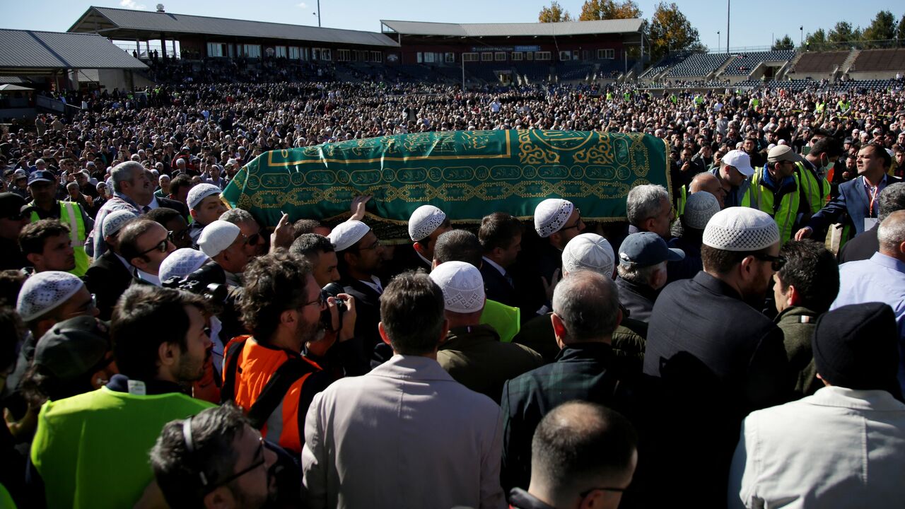 The casket of Turkish Muslim cleric Fethullah Gulen arrives for a prayer service at Skylands Stadium in Augusta, New Jersey, on Oct. 24, 2024. 