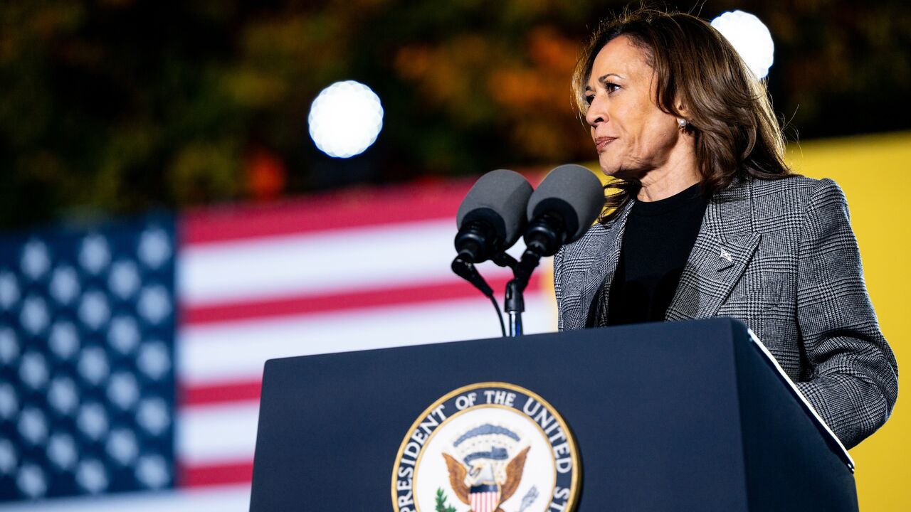 Democratic presidential nominee, US Vice President Kamala Harris, speaks during a campaign rally on Oct. 28, 2024 in Ann Arbor, Michigan.