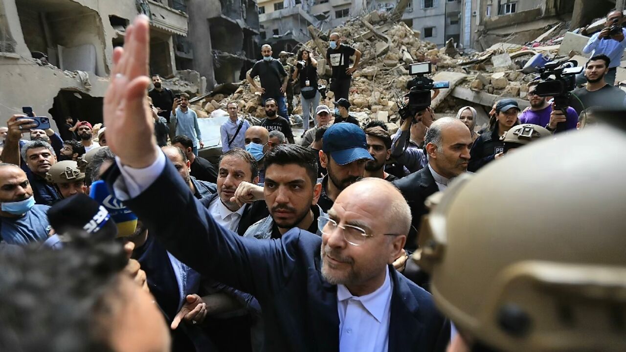 Mohammad Bagher Ghalibaf after visiting the site of an Israeli air strike on Beirut's Basta neighbourhood