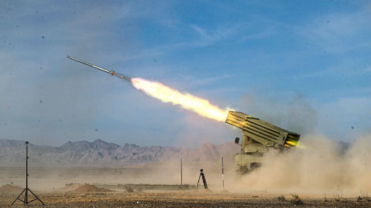 A handout picture provided by the Iranian Army media office on October 27, 2023 shows missiles being fired during a military drill in the Isfahan province in central Iran