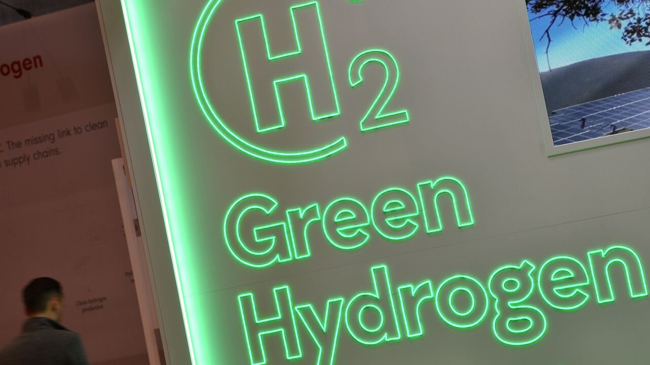 A logo for Green Hydrogen is seen at the 2023 Hannover Messe industrial trade fair on April 17, 2023, in Hanover, Germany.