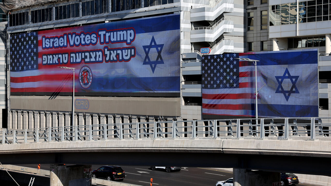 Large billboards bearing the flags of the US and Israel with a message in support of US presidential candidate Donald Trump, hang against buildings in Tel Aviv on October 30, 2024. An opinion poll conducted in September by Mitvim, the Israel Institute for Regional Foreign Policies, said 68 percent of Israelis see Trump as the candidate who will best serve Israel's interests. (Photo by JACK GUEZ / AFP) (Photo by JACK GUEZ/AFP via Getty Images)