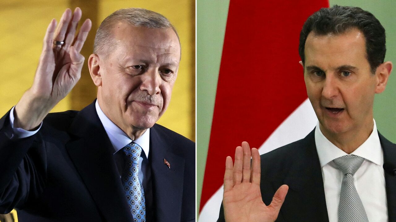 This combination of file photographs created on July 7, 2024, shows Turkey's President Recep Tayyip Erdogan (L) in Ankara on May 29, 2023, and Syria's President Bashar al-Assad in Damascus on July 16, 2023.