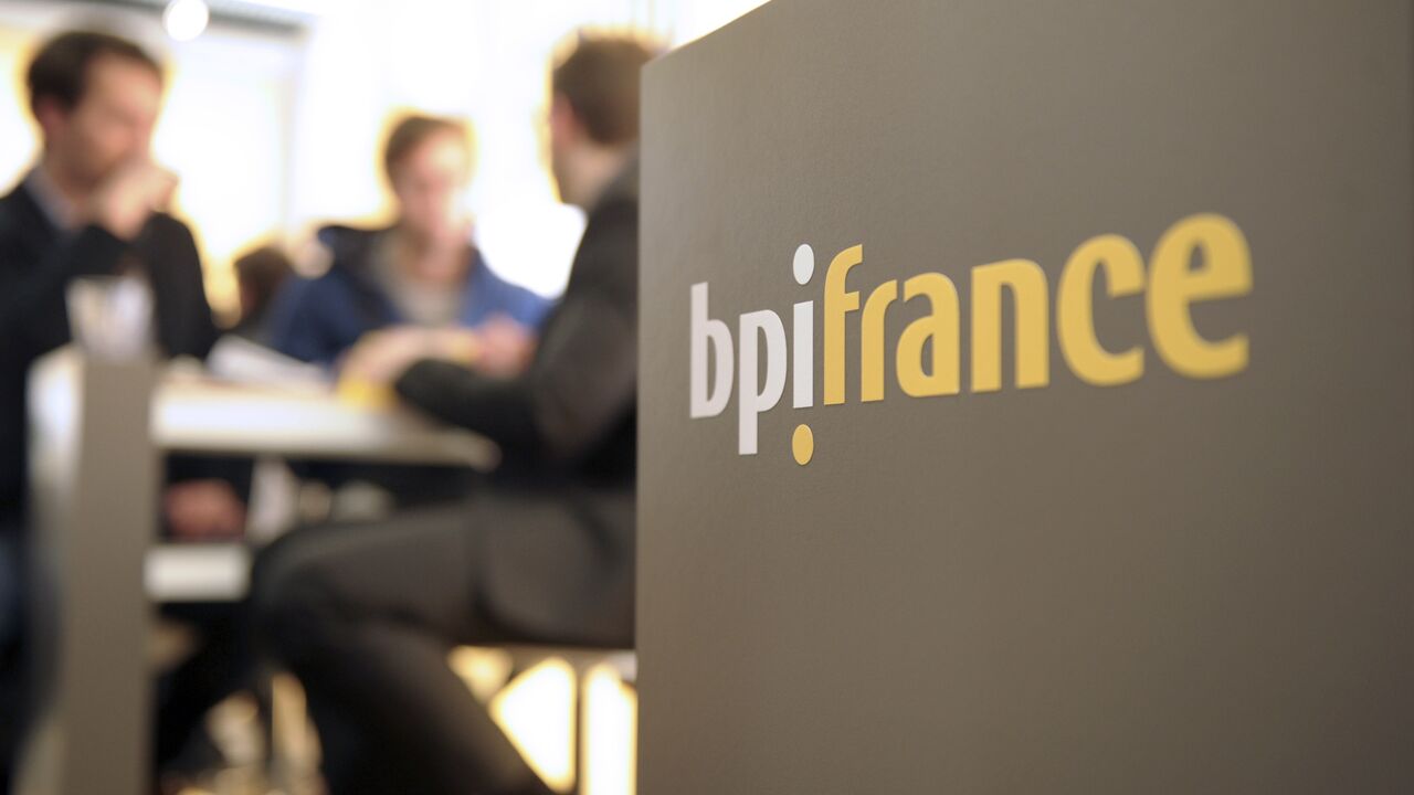 The logo of bpifrance at an entrepreneurship fair in Paris, Feb. 4, 2015.