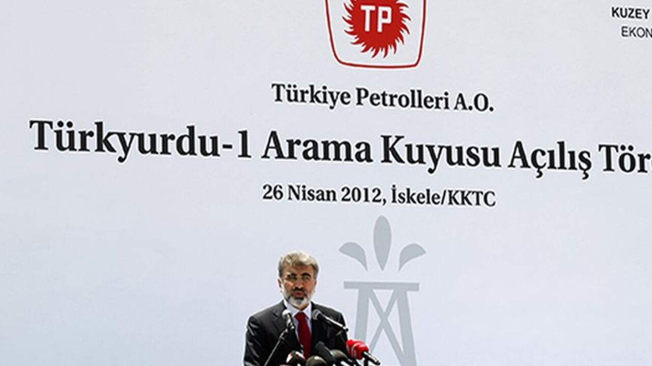 Turkey's Energy Minister Taner Yildiz addresses the audience during a ceremony in Famagusta April 26, 2012. Turkish Cypriot leader Dervis Eroglu and Yildiz attended the ceremony marking the start of joint gas and oil exploration works in northern Cyprus between Turkey's state-owned energy company TPAO and the Turkish-Cypriot administration. REUTERS/Umit Bektas (CYPRUS - Tags: POLITICS ENERGY BUSINESS) - RTR318P5