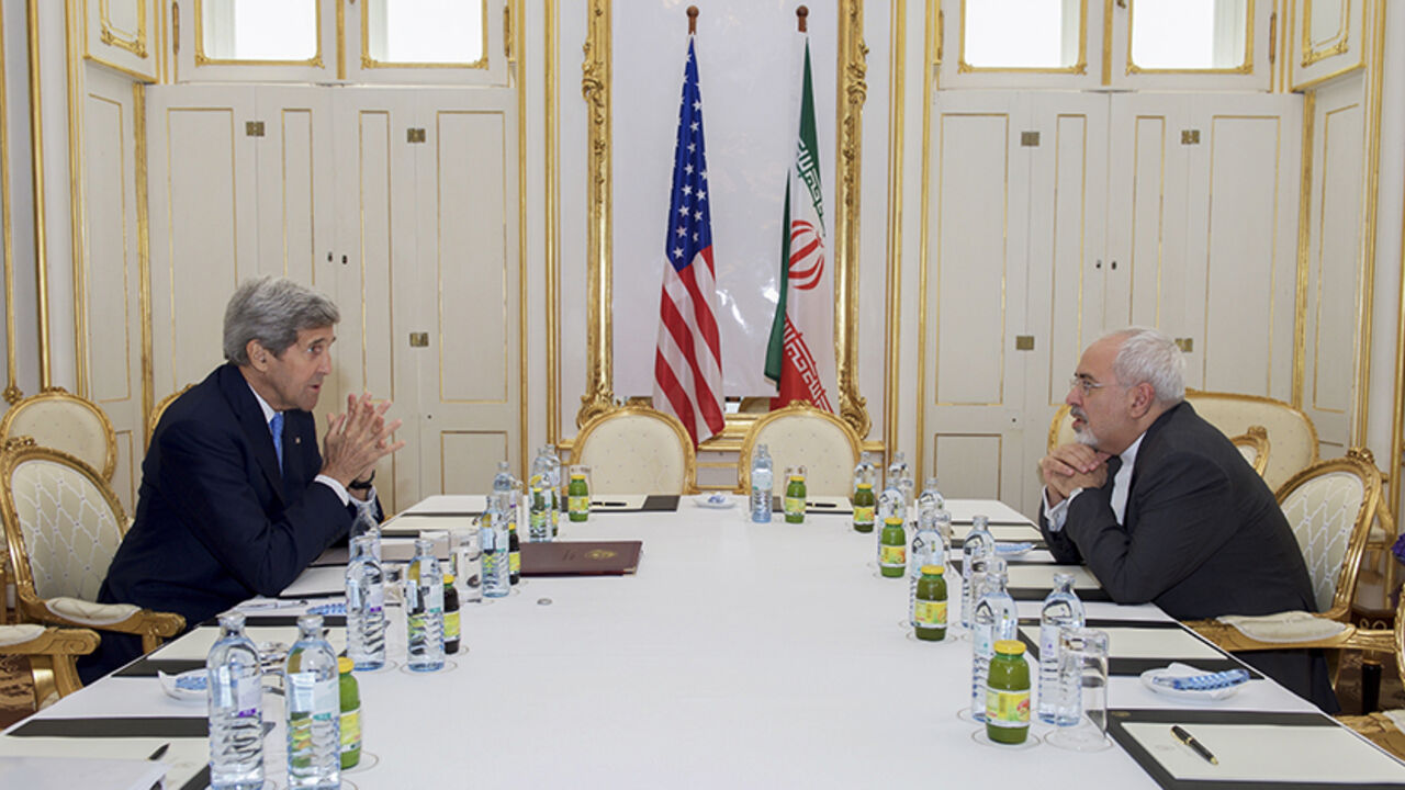 U.S. Secretary of State John Kerry (L)  meets with Iranian Foreign Minister Javad Zarif at a hotel in Vienna, Austria June 30, 2015.  Kerry and  Zarif held a "productive" meeting in Vienna on Tuesday, the State Department said, as negotiations on curbing Iran's nuclear program were extended. REUTERS/State Department/Handout  FOR EDITORIAL USE ONLY. NOT FOR SALE FOR MARKETING OR ADVERTISING CAMPAIGNS. THIS IMAGE HAS BEEN SUPPLIED BY A THIRD PARTY. IT IS DISTRIBUTED, EXACTLY AS RECEIVED BY REUTERS, AS A SERVI