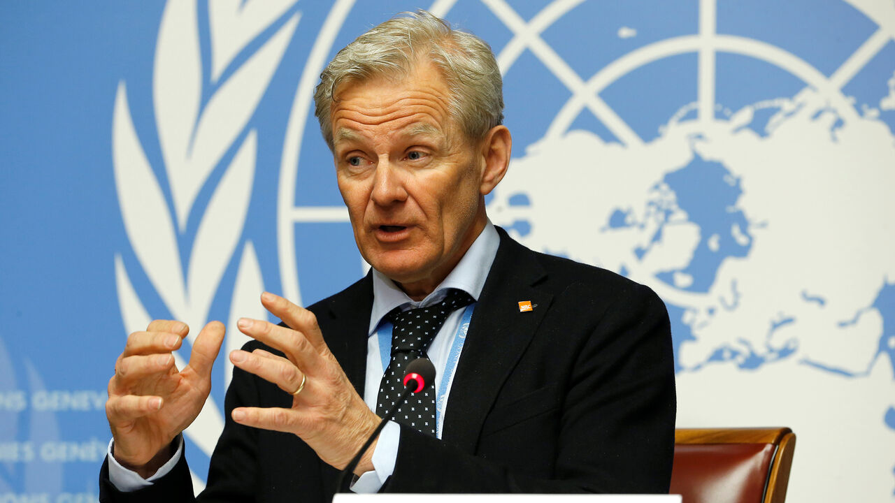 Special Advisor to the United Nations Special Envoy for Syria, Jan Egeland, adresses the media during a news conference in Geneva, Switzerland, April 4, 2018. REUTERS/Pierre Albouy - RC1DA4ACDBC0