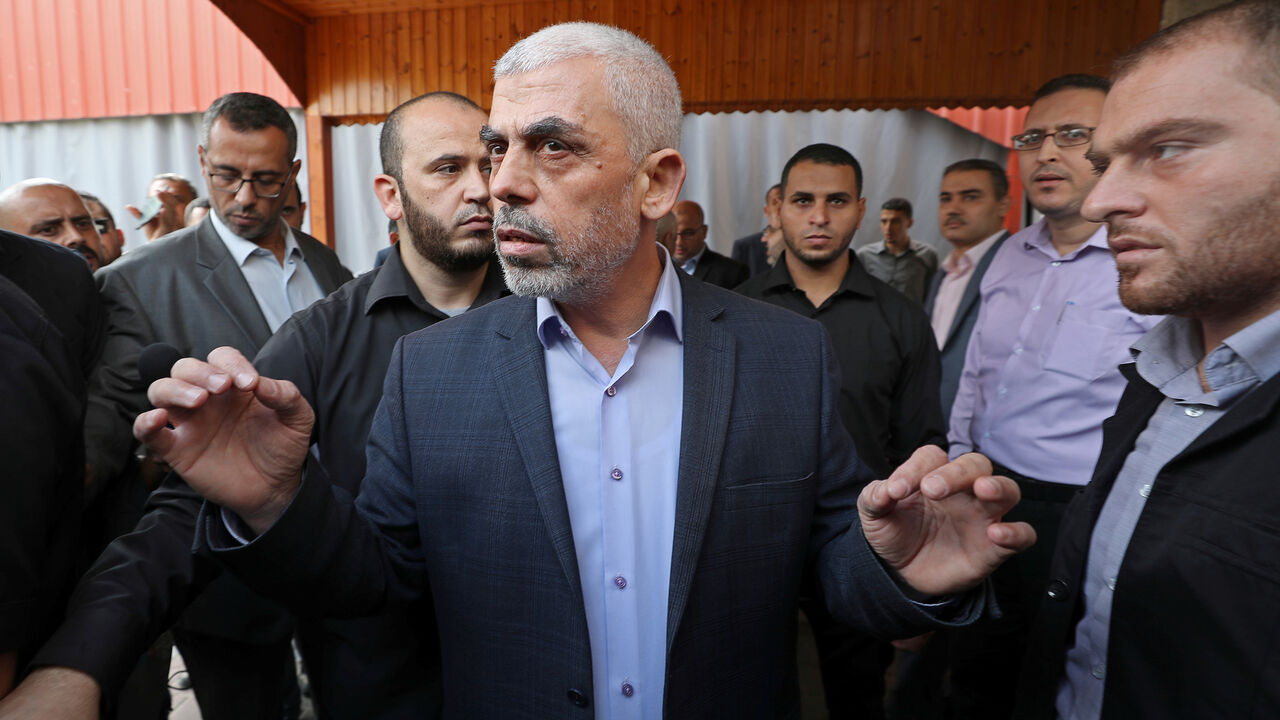 Gaza's Hamas Chief Yehya Al-Sinwar talks to media before meeting with Chairman of the Palestinian Central Election Committee Hana Naser, in Gaza City October 28, 2019. REUTERS/Mohammed Salem - RC1A280595B0