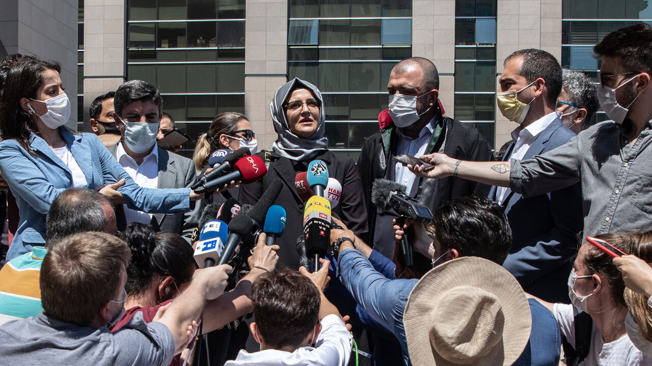 ISTANBUL, TURKEY - JULY 03: Hatice Cengiz, the fiancee of murdered Washington Post journalist Jamal Khashoggi, speaks to the media after the first session of the murder trial outside the Caglayan Court House on July 03, 2020 in Istanbul, Turkey. Twenty Saudi nationals went on trial in absentia over the murder of Jamal Khashoggi who was killed inside the Saudi Consulate in 2018. (Photo by Chris McGrath/Getty Images)